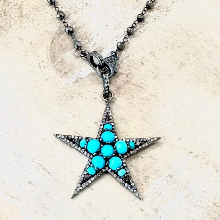 Turquoise and Diamond Star Pendant pyrite Bead Chain and Diamond Clasp