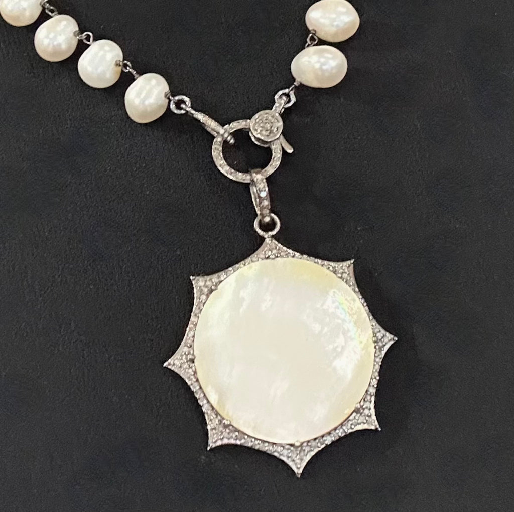 Large Mother of Pearl Diamond Pendant - Sterling Silver Rhodium Plated 50mm
