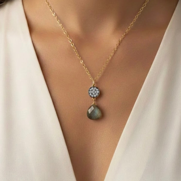 Petite Labradorite Necklace with White Topaz Pave Accent - Sterling Silver Gold Filled