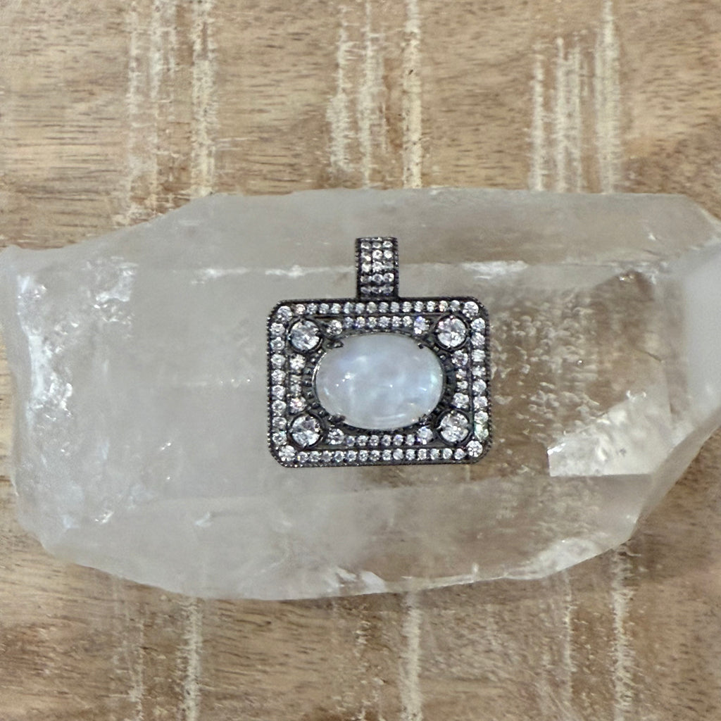 Amara Moonstone & White Topaz Rectangular Pendant – Rhodium Sterling Silver