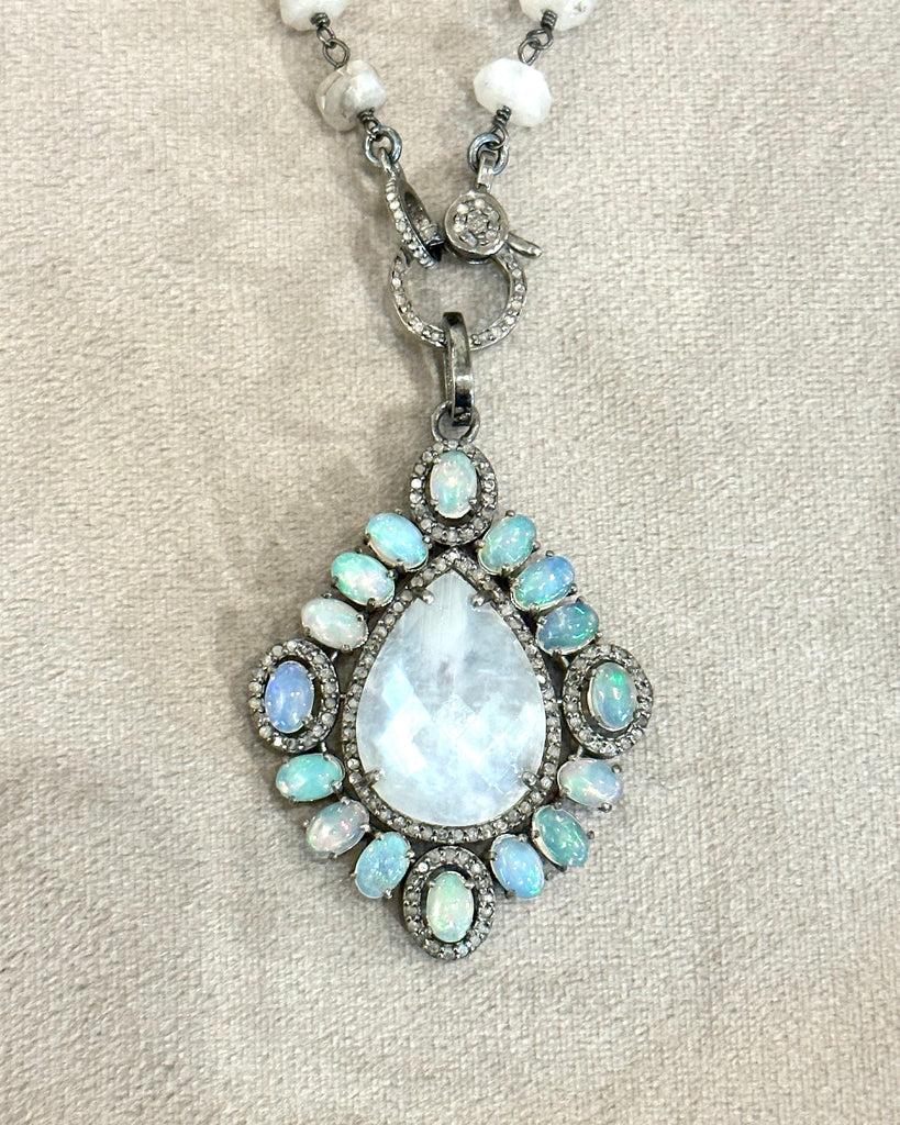 Moonstone Opal Diamond Sterling Silver Pendant - Handcrafted Jewelry