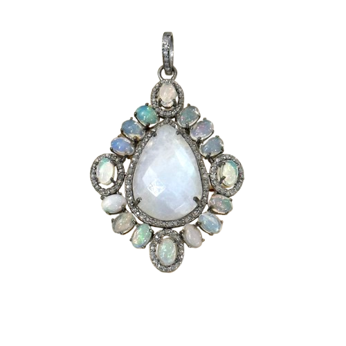 Moonstone Opal Diamond Sterling Silver Pendant - Handcrafted Jewelry