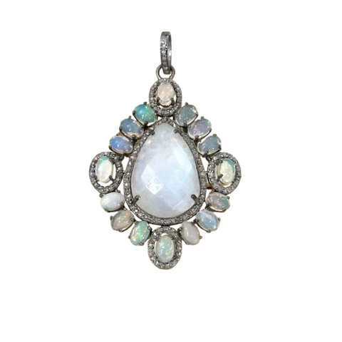 Large Mother of Pearl Diamond Pendant - Sterling Silver Rhodium Plated 50mm