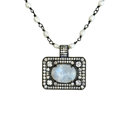 Large Mother of Pearl Diamond Pendant - Sterling Silver Rhodium Plated 50mm