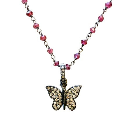 Champagne Diamond Butterfly Necklace – Sterling Silver Rhodium with Garnet Chain