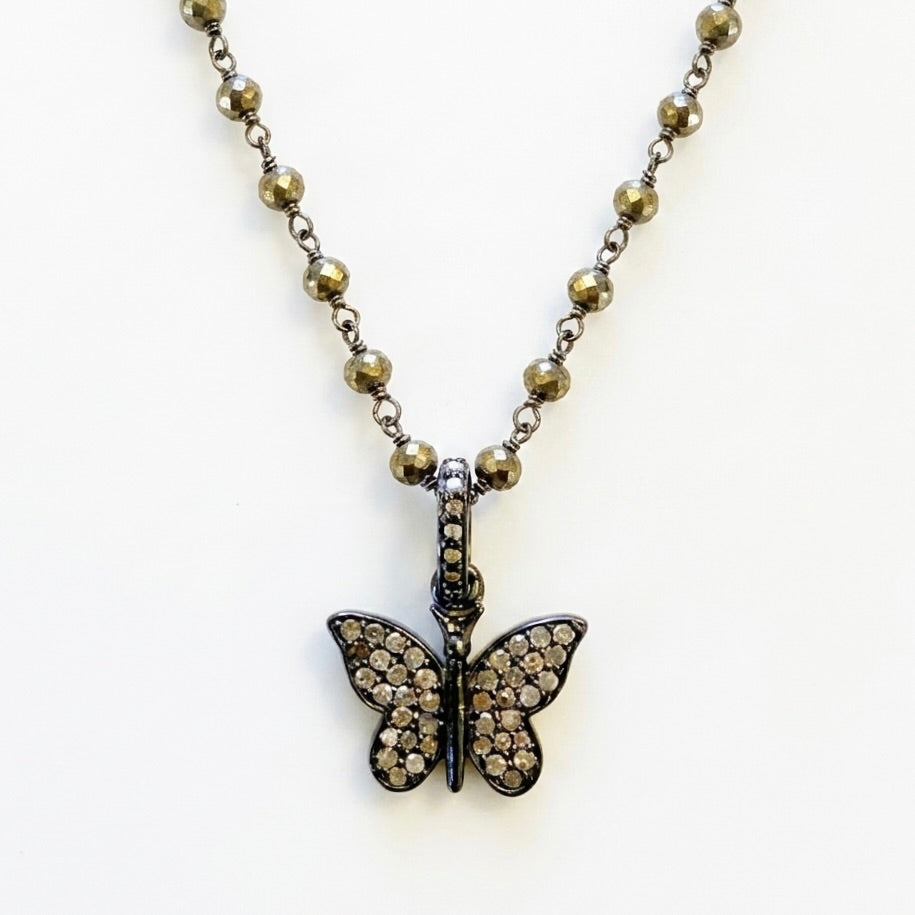 Champagne Diamond Butterfly Necklace – Sterling Silver Rhodium with Pyrite Chain