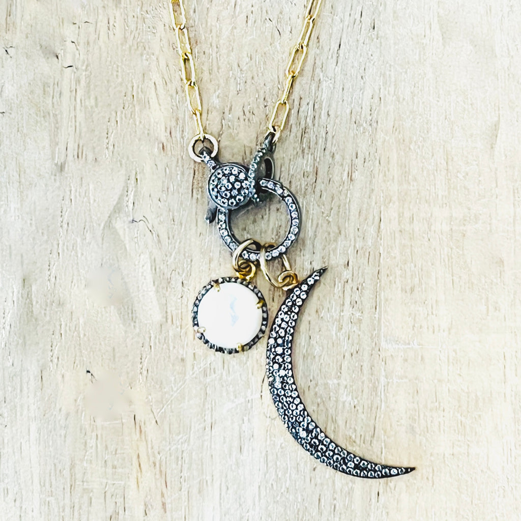 Diamond Halo Necklace with Natural Pearl - White Chalcedony 16" Gold Chain