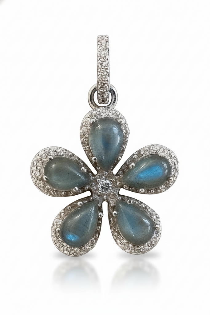 Floral pendant with labradorite gemstones and white topaz