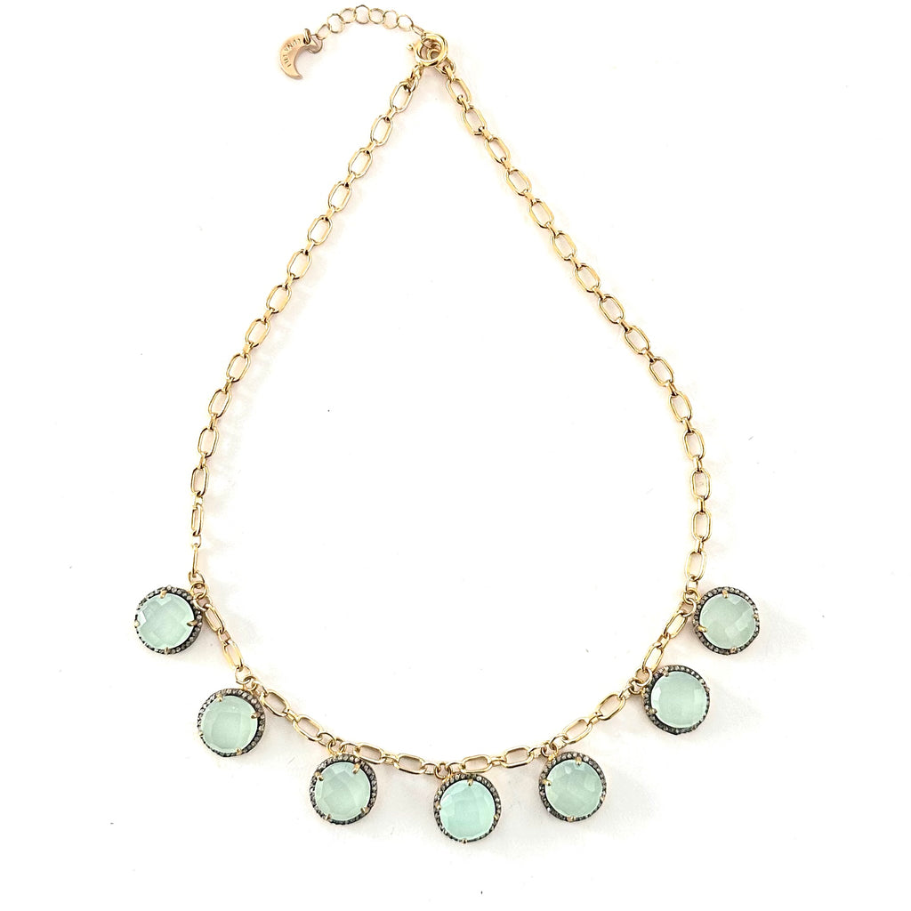 Aqua Chalcedony Diamond Halo Necklace - Pavé Diamond Pendant on Gold Fill Chain