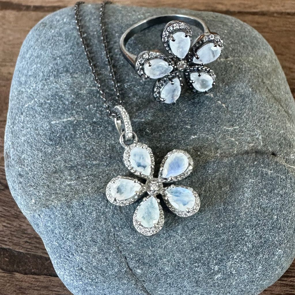 White Topaz Flower Necklace | Sterling Silver Pendant | 16" Gunmetal Chain