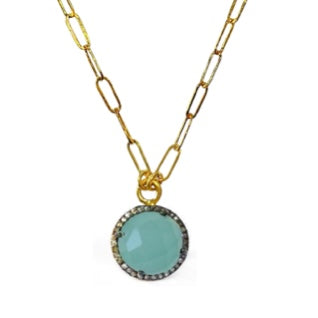 Diamond Halo Aqua Chalcedony Necklace - Gold Filled Paperclip Chain