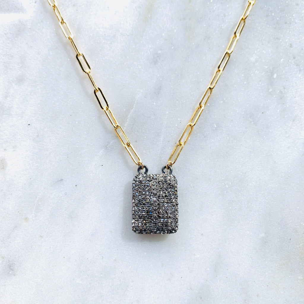 Puffy Diamond Cushion Necklace - Champagne Pavé Pendant on Gold Filled Chain