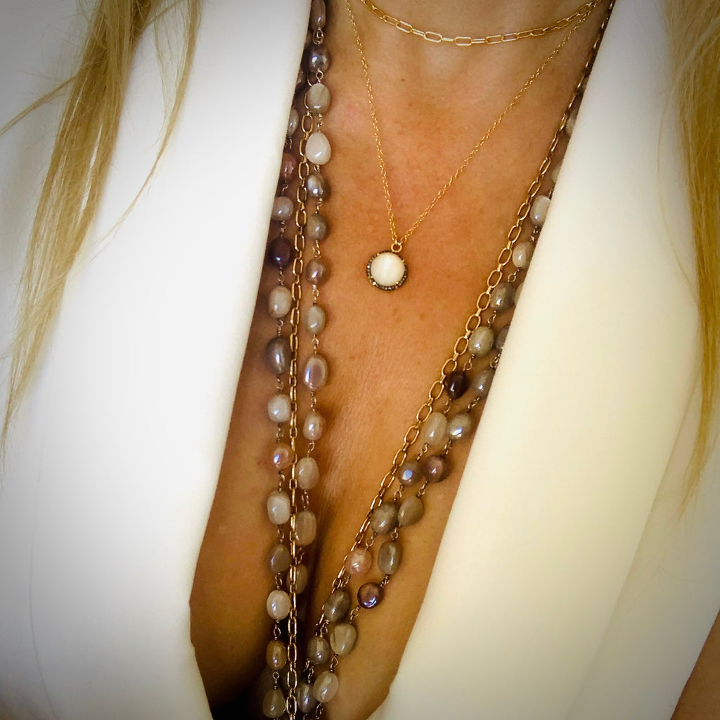 Diamond Halo Necklace with Natural Pearl - White Chalcedony 16" Gold Chain