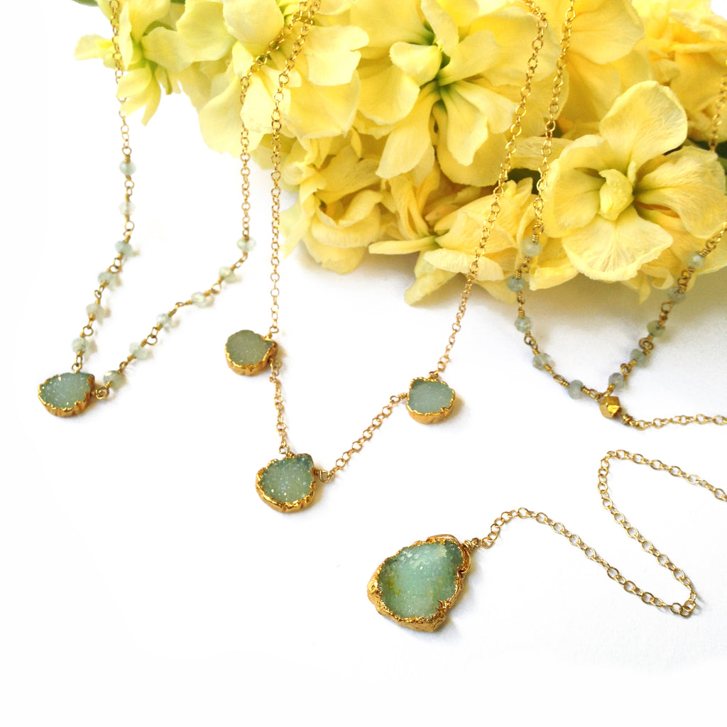 Green Druzy & Aquamarine Drop Y Necklace, Necklaces - Luna Lili Jewelry