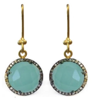 Diamond Halo Aqua Chalcedony Necklace - Gold Filled Paperclip Chain