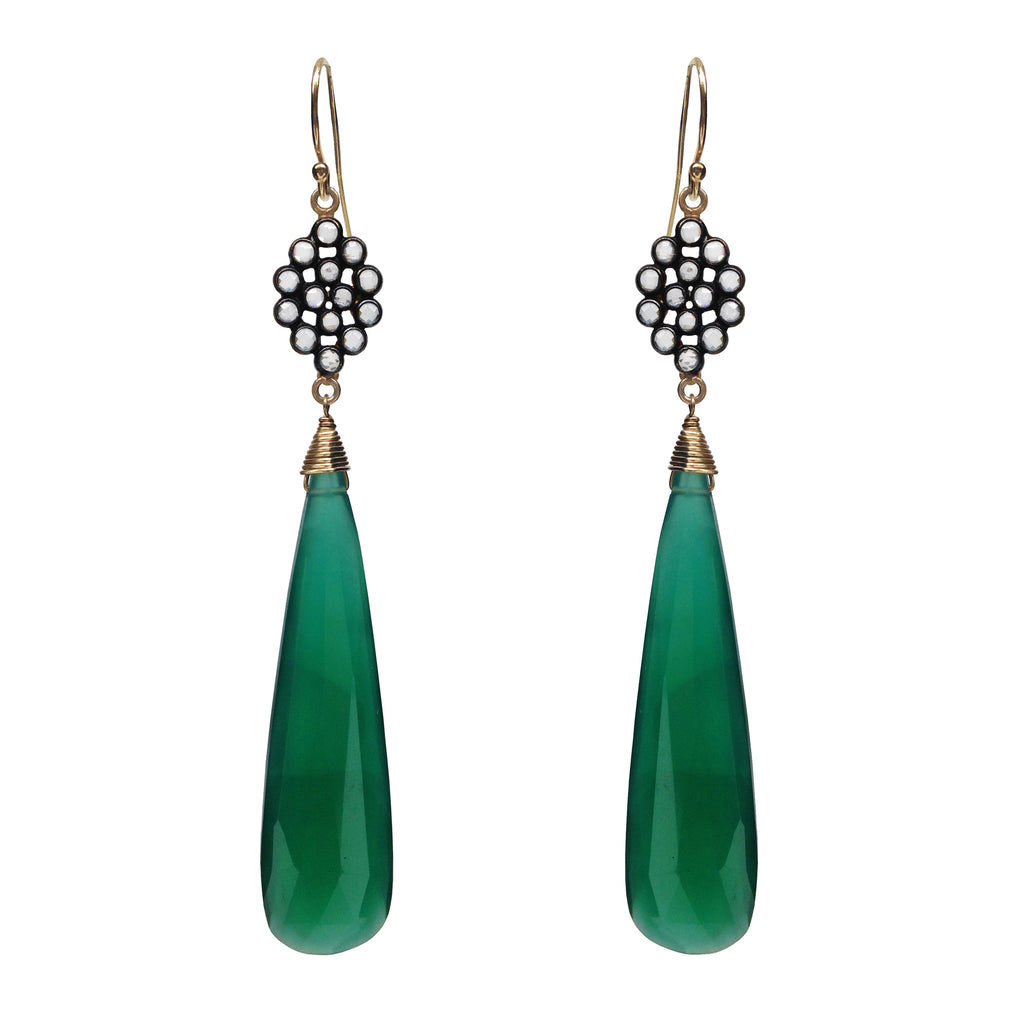 Green Onyx Earrings with White Topaz Floral Charm - Sterling Silver