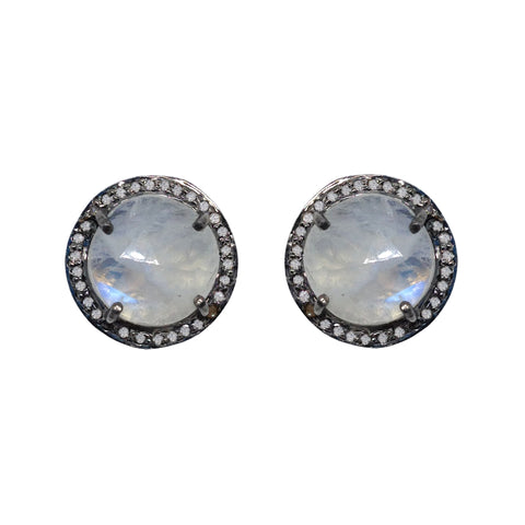 Large White Chalcedony & Diamond Stud Earrings
