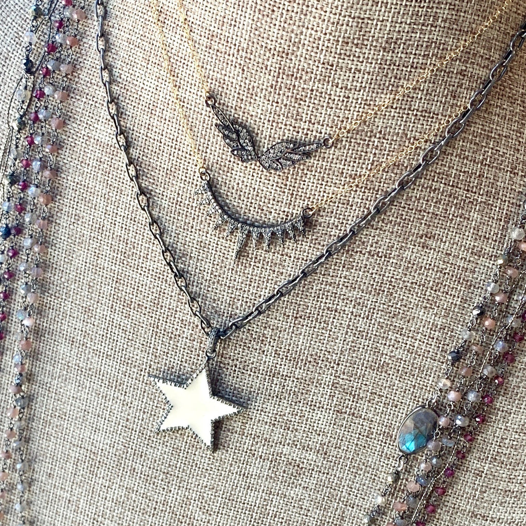 Diamond Art Deco Pendant Necklace - Oxidized Sterling Silver & Gold Filled