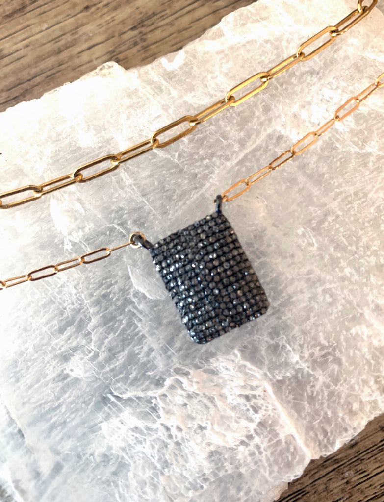 Champagne Diamond Pave Rectangular Necklace - 14K Gold Filled Paper Clip Chain