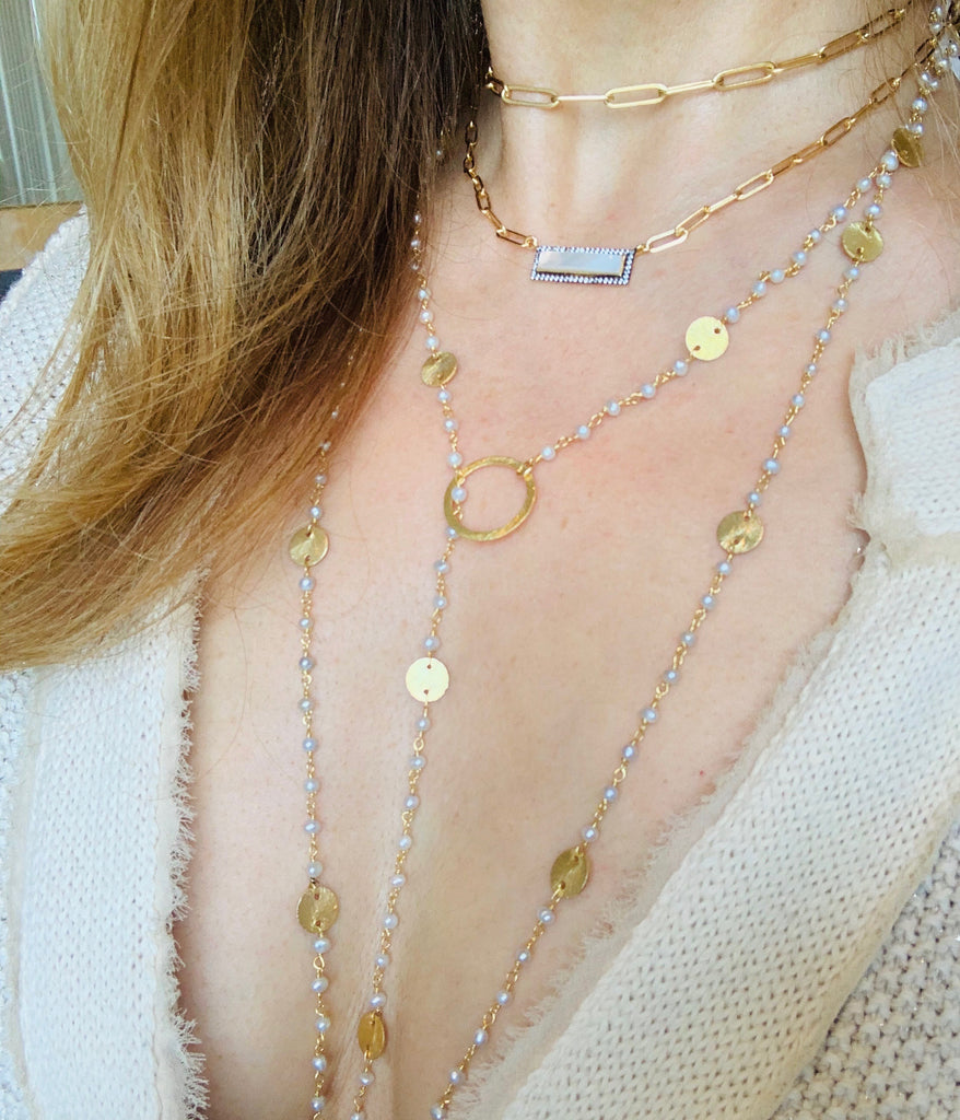 Natural Pearl Long Necklace with Gold Discs, Necklace - Luna Lili Jewelry