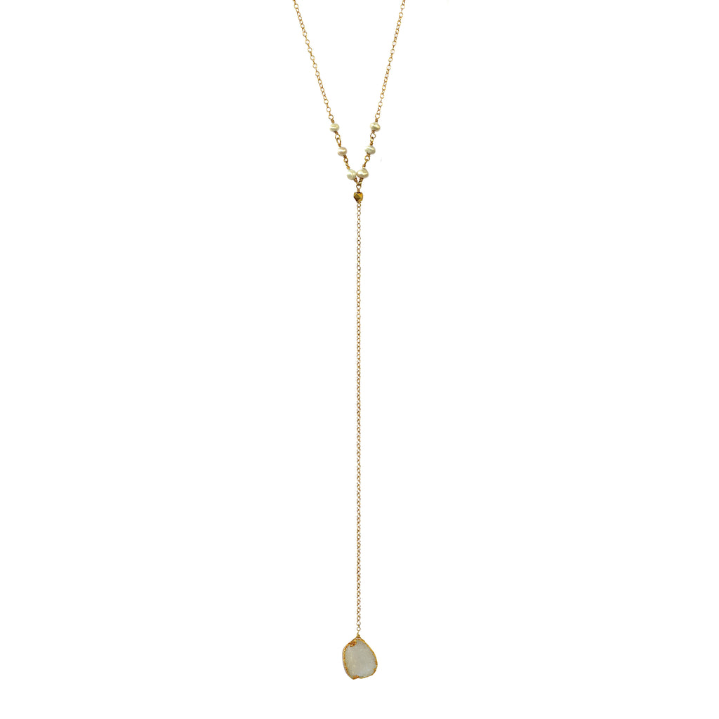 Druzy and Pearl Drop Y Necklace, Necklaces - Luna Lili Jewelry