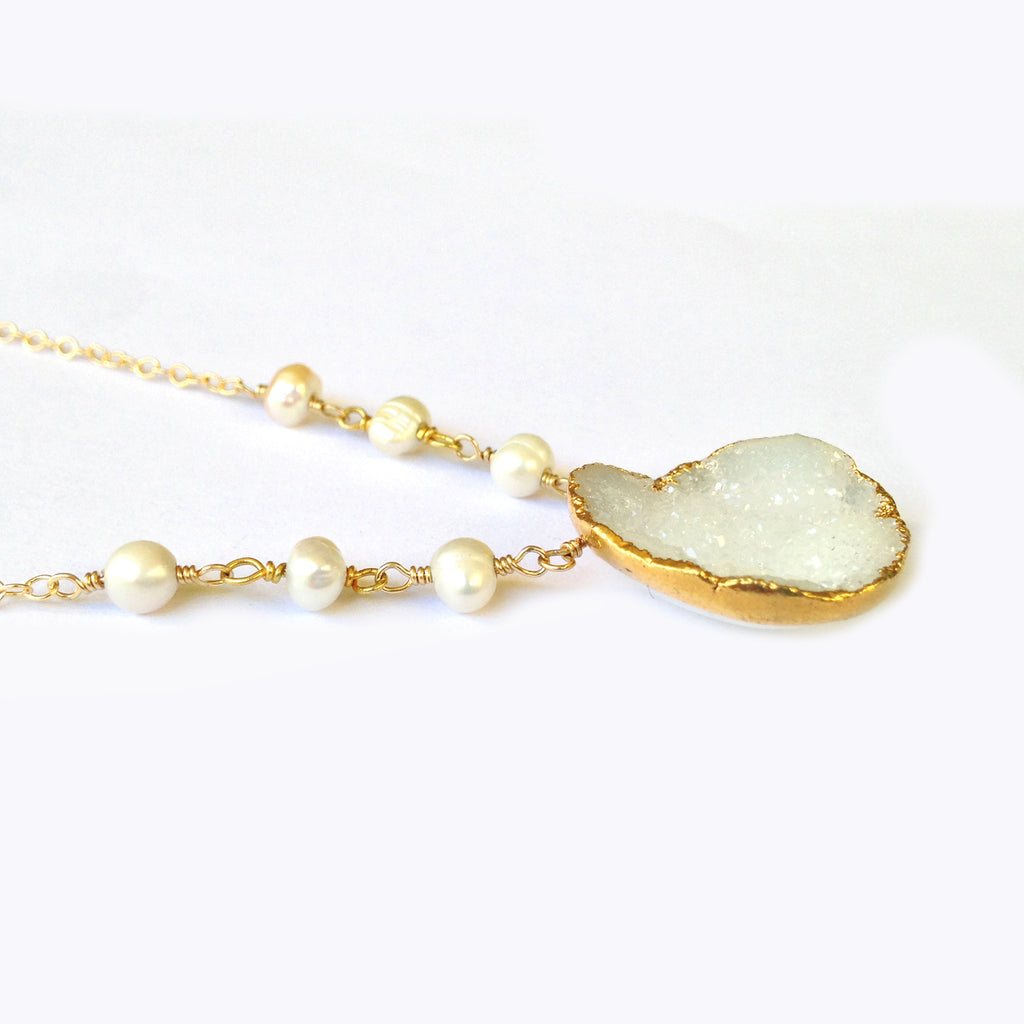 White Druzy and Pearl Necklace, Necklaces - Luna Lili Jewelry