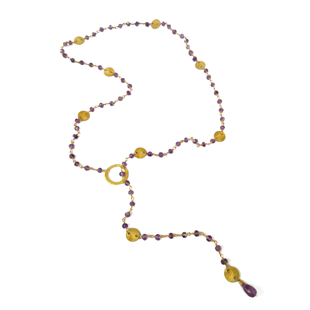 Amethyst Lariat with Vermeil Gold Discs, Necklaces - Luna Lili Jewelry