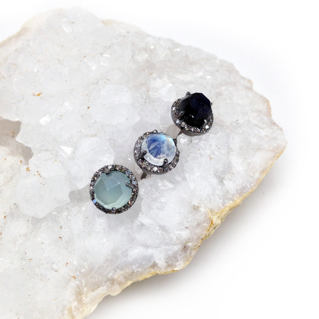 Small Moonstone & Diamond Stud Earrings, Earrings - Luna Lili Jewelry