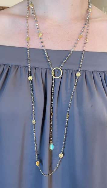 38 Inches Long Hematine Bead with Gold Disc Necklace