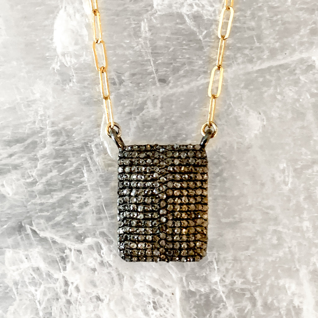 Champagne Diamond Pave Rectangular Necklace - 14K Gold Filled Paper Clip Chain