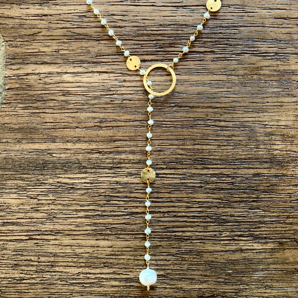 Lariat with Natural Pearls and Gold Discs, Necklace - Luna Lili Jewelry