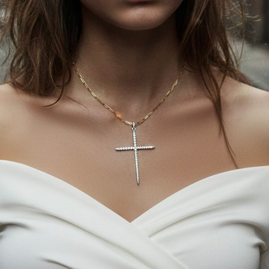 Diamond Pave Cross Necklace - Sterling Silver Rhodium White Gold