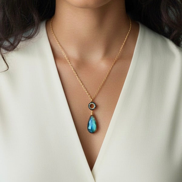 Labradorite Teardrop Necklace with White Topaz Pavé - Gold Filled