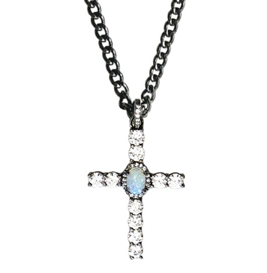 Ethiopian Opal White Topaz Cross Necklace - Sterling Silver Rhodium