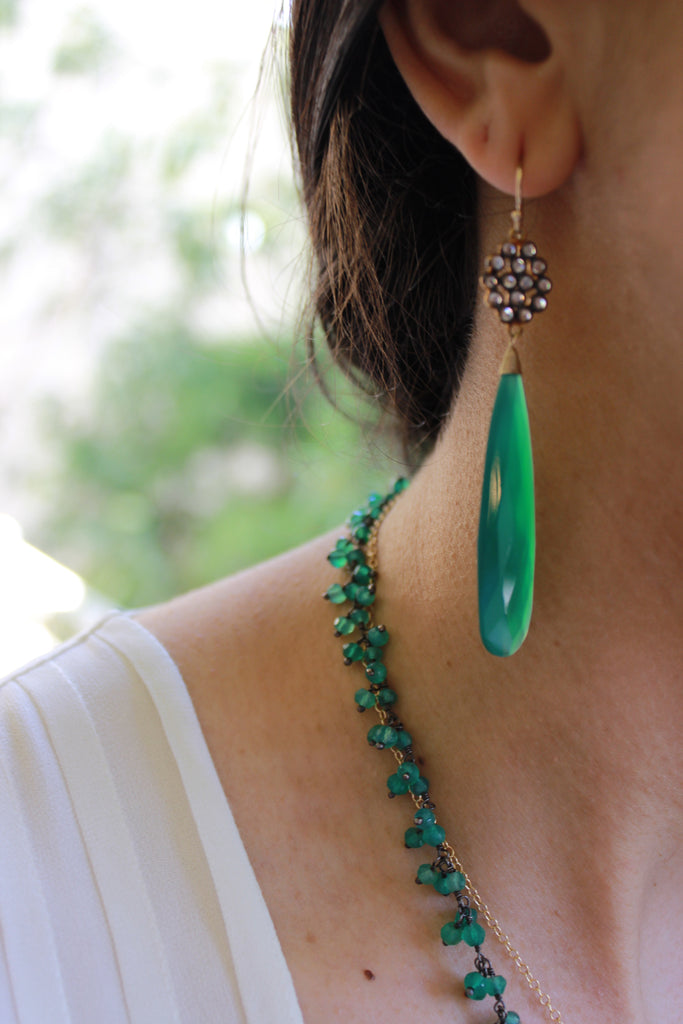 Green Onyx Earrings with White Topaz Floral Charm - Sterling Silver