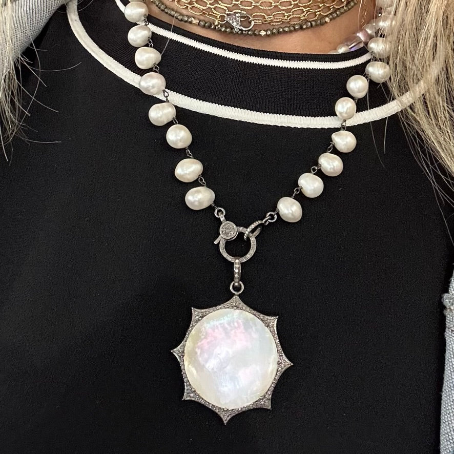 Large mother of pearl iridescent diamond pendant sterling silver - Radiance statement jewelry gift for her