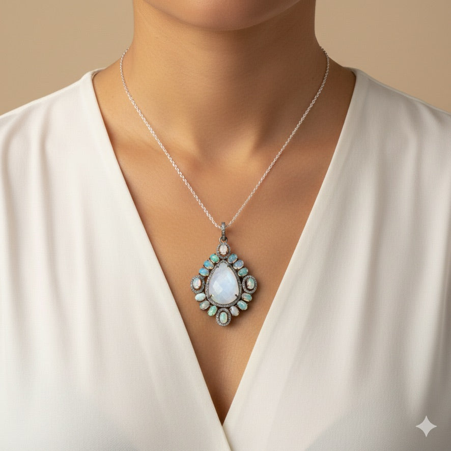 Mira Moonstone Opal Diamond Pendant - Sterling Silver