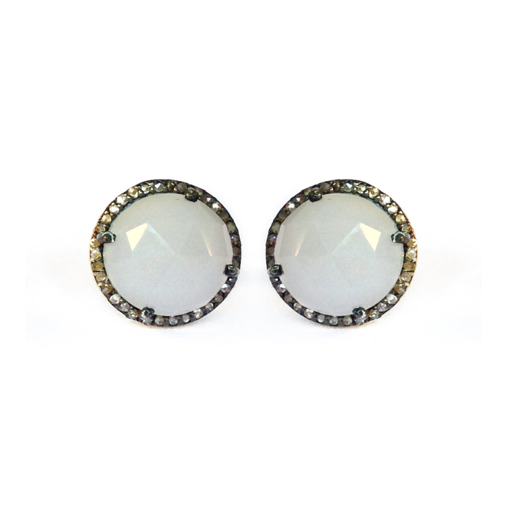 Large White Chalcedony & Diamond Stud Earrings, Earrings - Luna Lili Jewelry 
