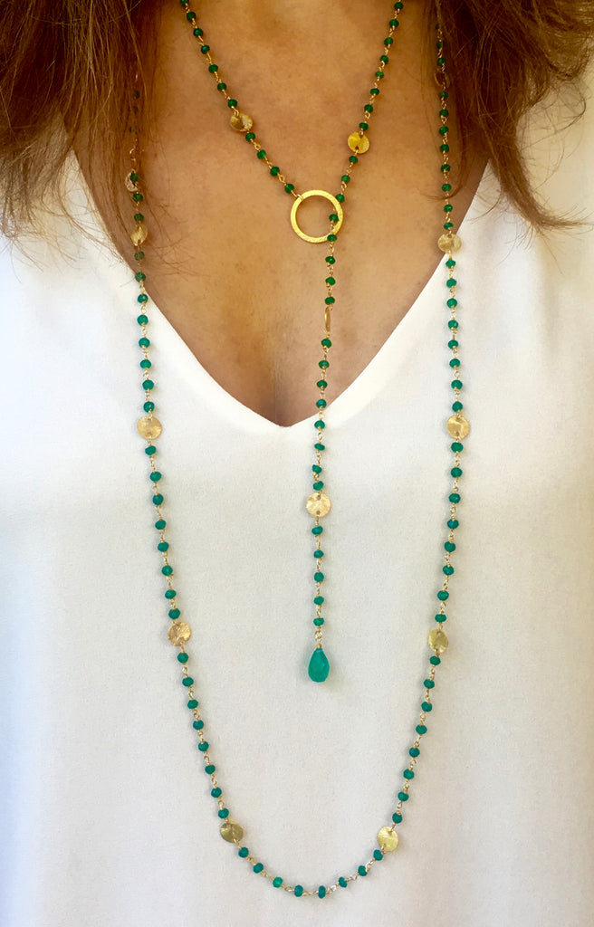 Green Onyx Lariat with Gold Discs, Necklace - Luna Lili Jewelry 