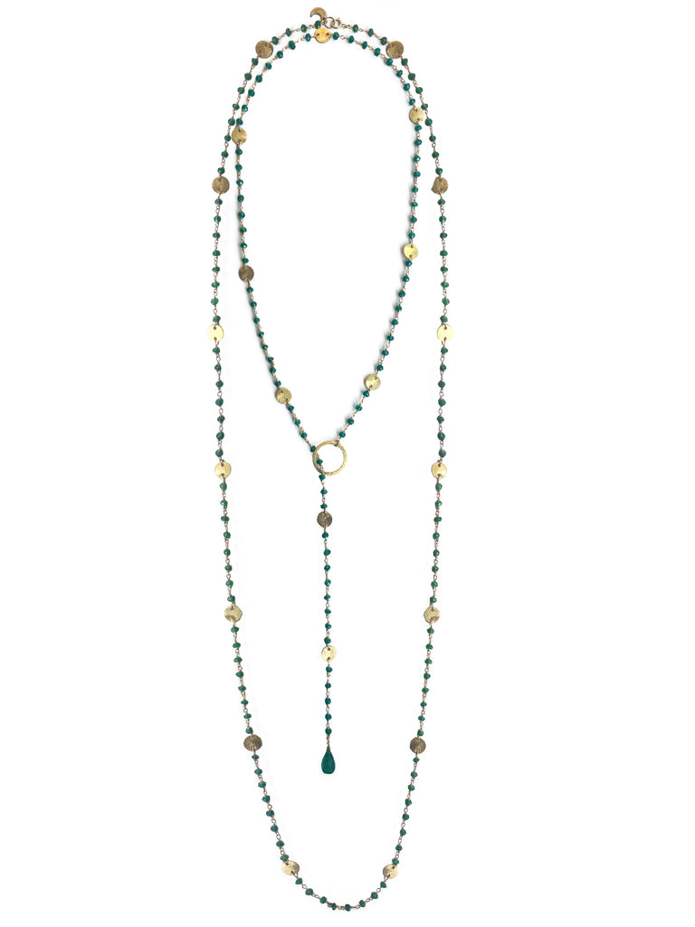 Green Onyx Lariat with Gold Discs, Necklace - Luna Lili Jewelry 