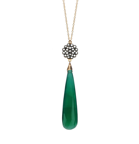 Green Onyx Long Necklace with Gold Discs