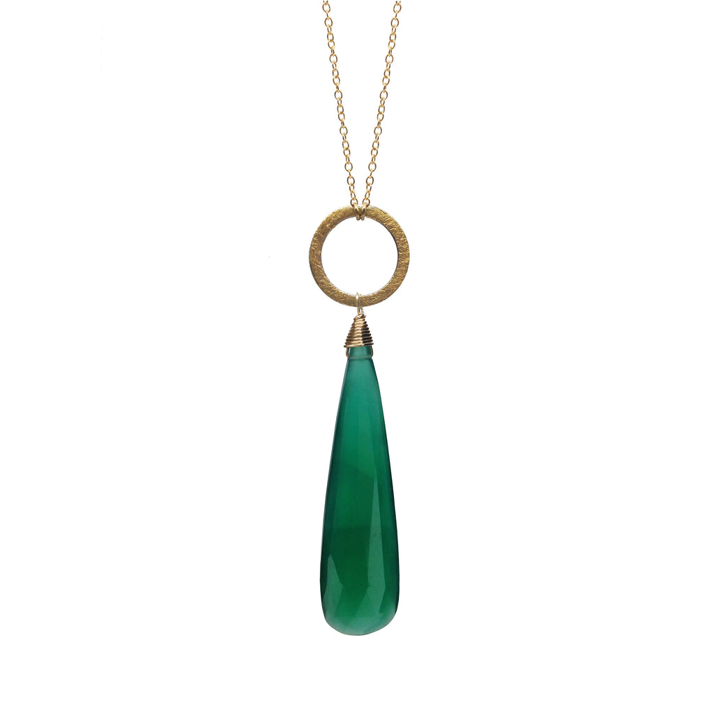 Green Onyx Chalcedony Circle Charm Necklace, Necklaces - Luna Lili Jewelry 