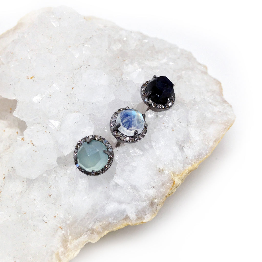 Small Chalcedony & Diamond Stud Earrings, Earrings - Luna Lili Jewelry 