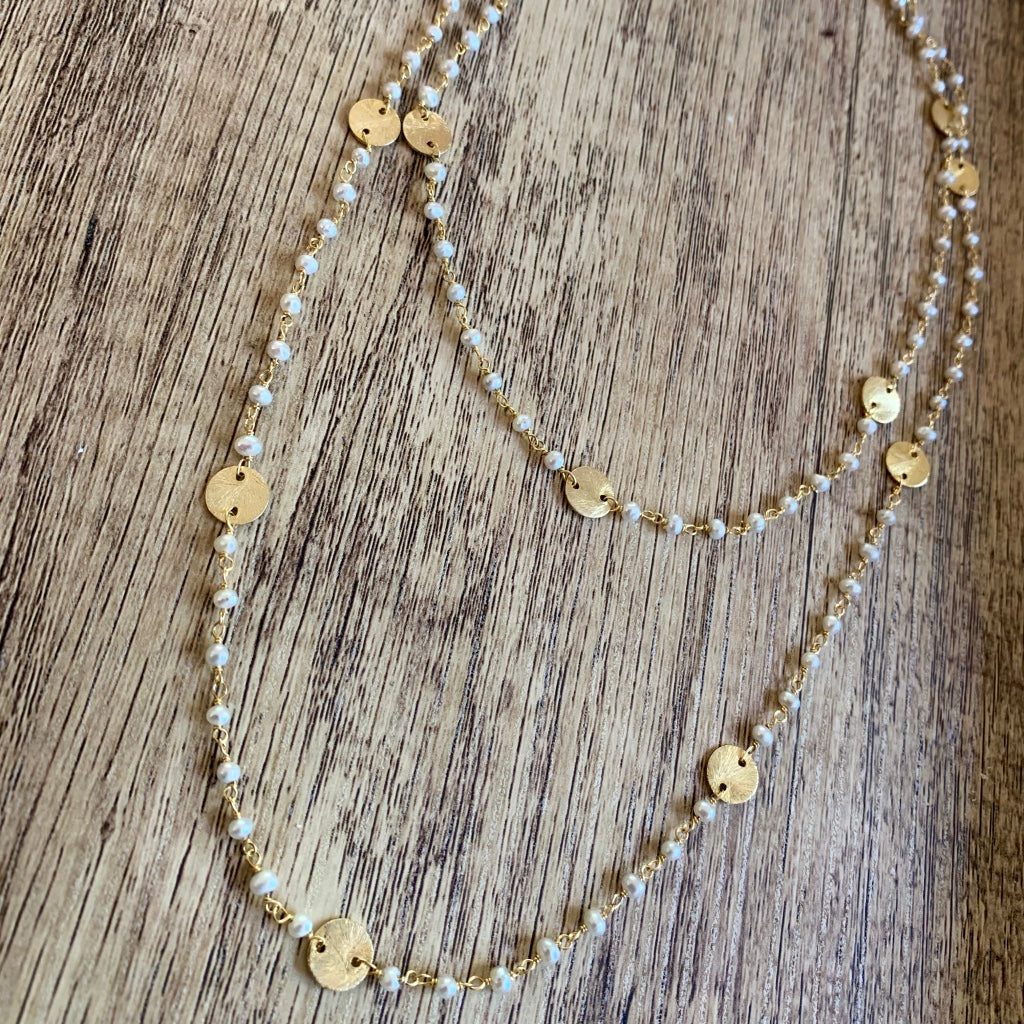 Natural Pearl Long Necklace with Gold Discs, Necklace - Luna Lili Jewelry 