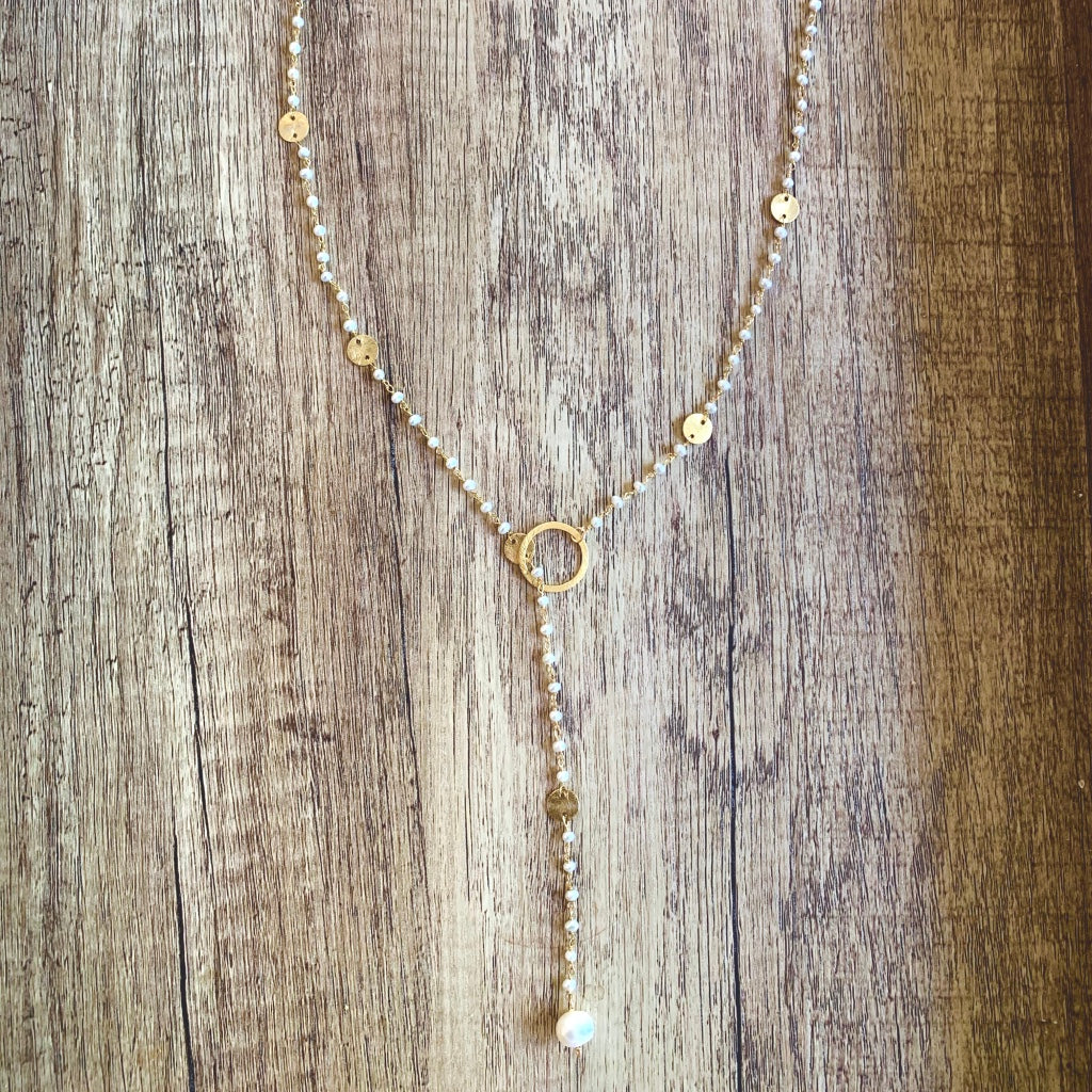 Lariat with Natural Pearls and Gold Discs, Necklace - Luna Lili Jewelry 